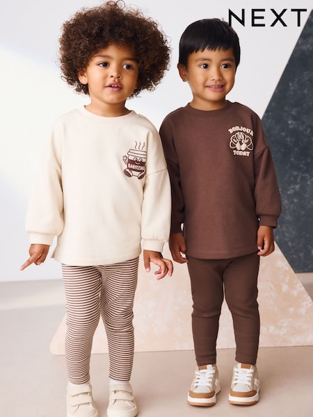 Brown/Cream Babyccino Long Sleeve Tops & Leggings Set 2 Pack (3mths-7yrs) (F59457) | €36 - €42