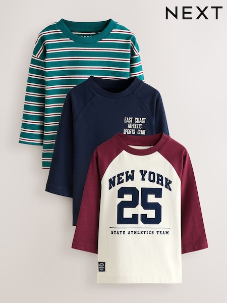 Navy Varsity Long Sleeve Graphic Print T-Shirts 3 Pack (3mths-7yrs) (F59461) | AED91 - AED112