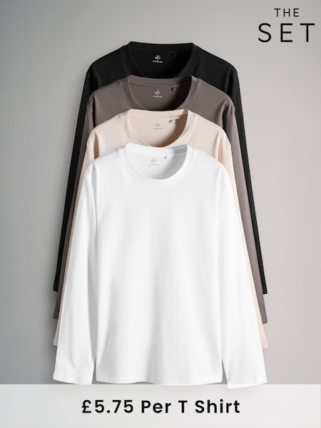 The Set Black/Taupe Brown/Warm Stone/White 4 Pack Regular Long Sleeve T-Shirts (F59562) | 114 QAR