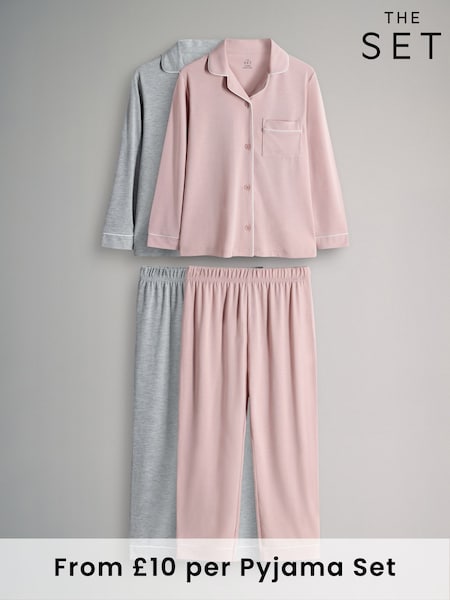 The Set Pink/Grey Button Through Long Sleeve Pyjamas (F59633) | AED116
