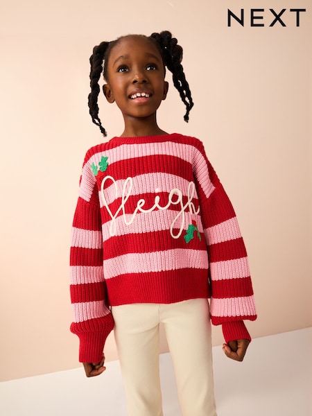 Red/Pink Sleigh Stripe Christmas Jumper (3-16yrs) (F59677) | 94 QAR - 119 QAR
