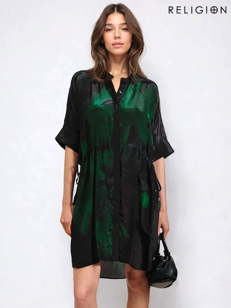 Religion Green Jade Tunic Dress With Large Pink Floral Placement Print (F59717) | €126