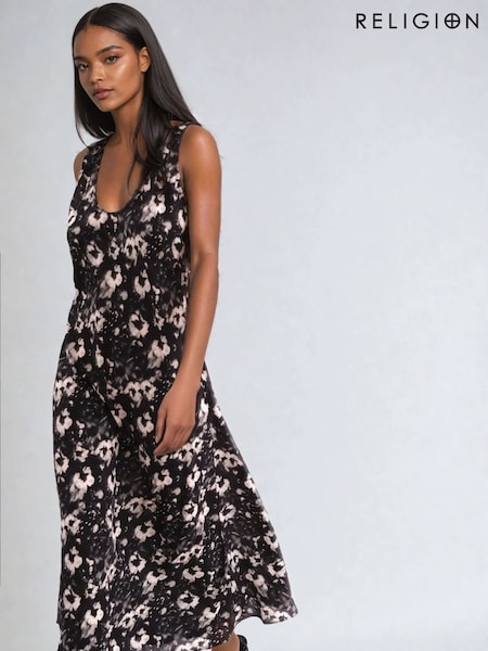 Negru - Religion Element Bias Cut Maxi Rochie tip furou In Lenjerie de pat Mix (F59718) | 559 LEI