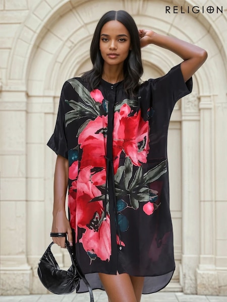 Punainen - Religion Jade Tunic Dress With Large Pink Floral Placement Print (F59726) | €150