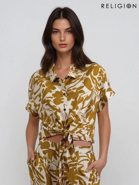 Religion Yellow Element Tie Front Shirt In Bright Floral Print (F59731) | ₪327