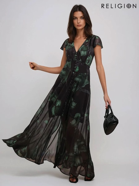 Religion Black Indium Maxi Dress With Button Thru Detail And Cap Sleeves (F59738) | 633 QAR