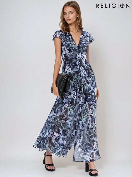 Religion Blue Indium Maxi Dress With Button Thru Detail And Cap Sleeves (F59739) | 7,690 UAH