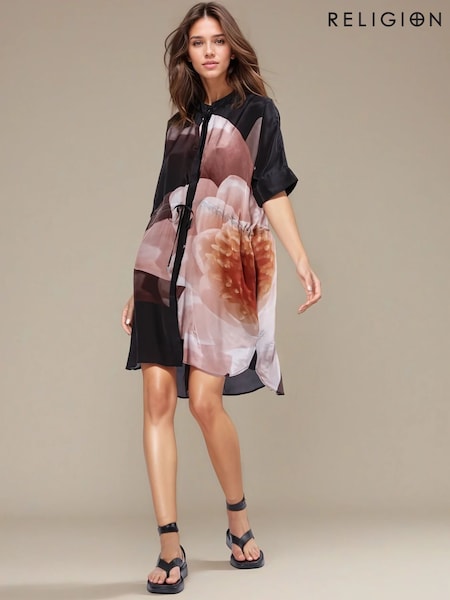 Religion Natural Jade Tunic Dress With Large Pink Floral Placement Print (F59746) | €126