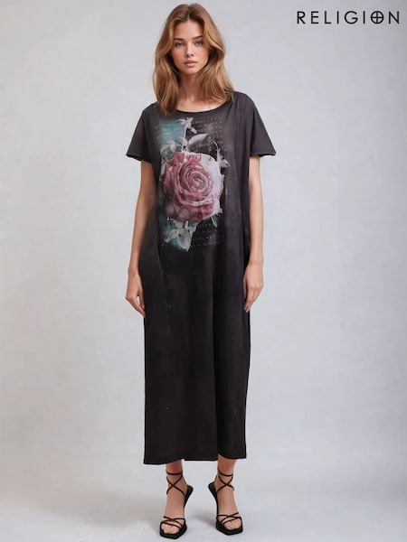 Religion Black Cloak Maxi T-Shirt Dress With Vintage Rose Graphic (F59756) | ₪377