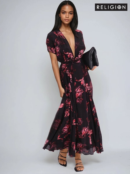 Religion Fade Maxi 2 Way Wrap Dress In Dark Floral (F59758) | €159