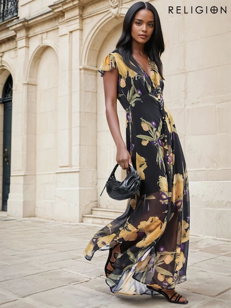 Religion Yellow Indium Maxi Dress With Button Thru Detail And Cap Sleeves (F59764) | AED745