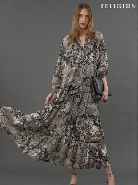 Religion Grey Sunset Tiered Maxi Dress In Dark Ditsy Floral Print (F59766) | €126