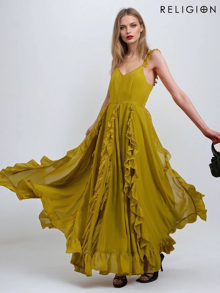 Religion Yellow Kate Maxi Dress With Frills And Spaghetti Straps (F59769) | $192