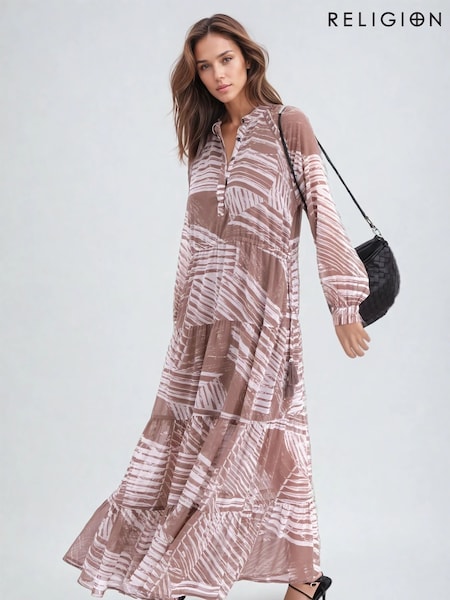 Religion Natural Callisto Maxi Dress With Tiered Skirt And Drawstring Waist (F59770) | 520 QAR