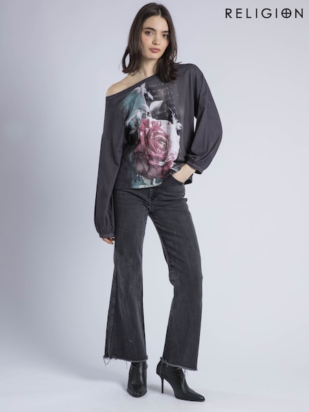 Religion Black Cloak Long Sleeve Top With Large Vintage Rose Print (F59777) | 3,905 UAH