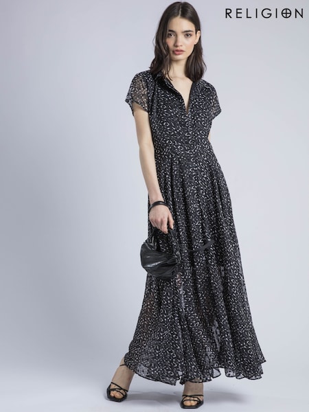 Religion Black Decoy Maxi Dress With Full Skirt In Cute Polka Dot (F59779) | ₪578