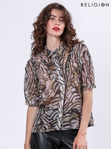 Religion Natural Indium Shirt Blouse With Puff Shoulder (F59798) | 307 QAR