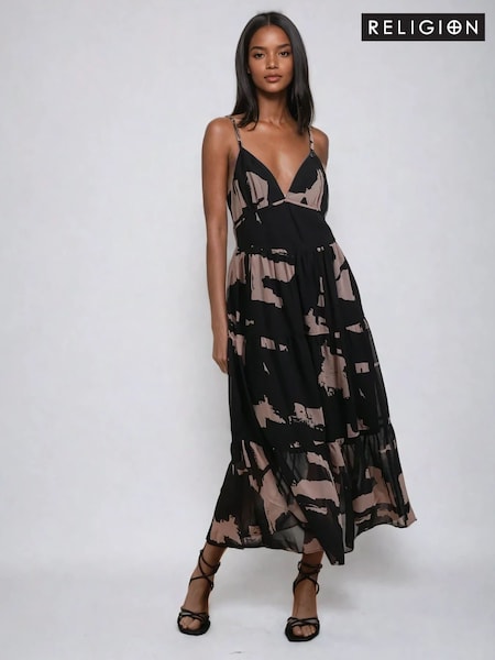 Religion Black Nadia Midi Strap Dress With Tiered Skirt In Dark Print (F59801) | €108