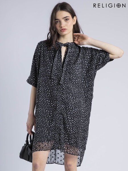 Religion Chrome Black Decoy Tunic Dress With Neck Tie (F59802) | ₪402