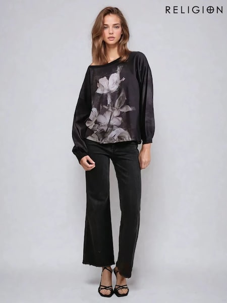 Хромированный черный - Religion Cloak Long Sleeve Top With Large Vintage Rose Print (F59804) | €86