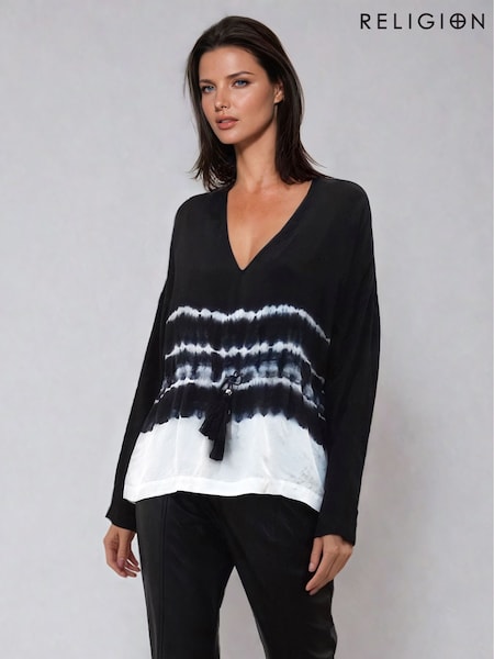 Religion Black Spell Top In Tie Dye With Tassle Belt Blouse (F59808) | 297 QAR