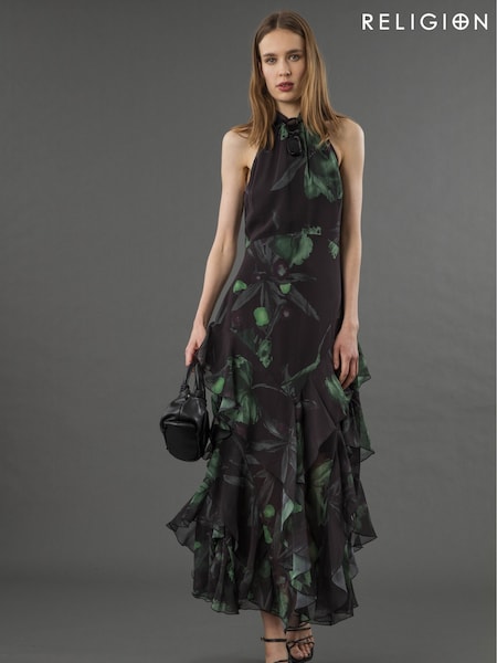 Religion Green Taylor Maxi Dress With Full Frill Skirt (F59809) | 643 QAR