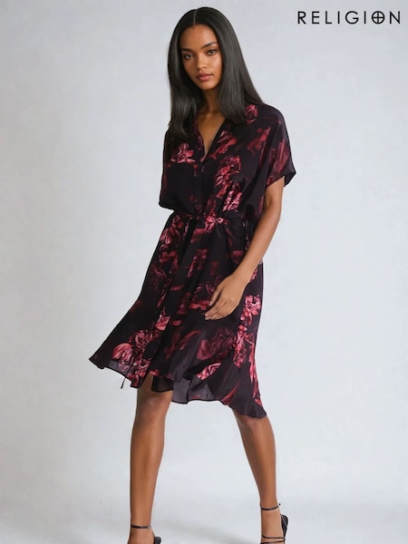 Religion Fade Tunic Dress With Tie Waist And Frill Hem In Dark Floral (F59813) | €126