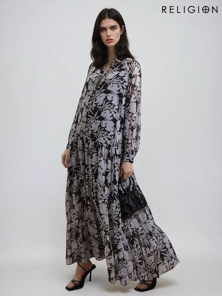 أسود - Religion Sunset Tiered Maxi Dress In Dark Ditsy Floral Print (F59818) | ‏553 د.إ.‏