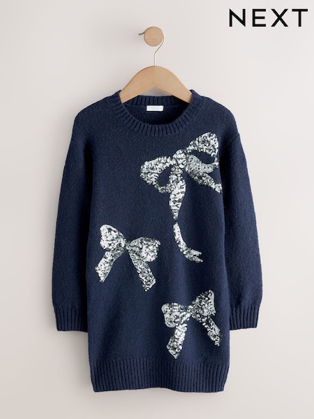 Navy Bow Embellished Knit Jumper Dress (3-16yrs) (F59820) | AED127 - AED152