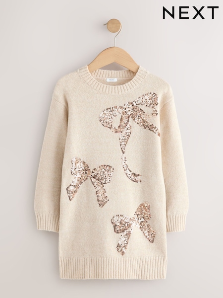Ecru Bow Embellished Knit Jumper Dress (3-16yrs) (F59824) | AED127 - AED152