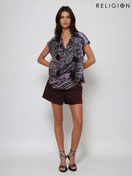 Religion Purple Diamond Cap Sleeve Shirt With Tassel Décor (F59872) | ₪277