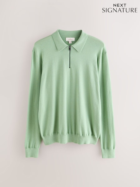 Verde sálvia - Signature Merino Blend Lightweight Zip Neck Jumper (F59893) | R$ 365