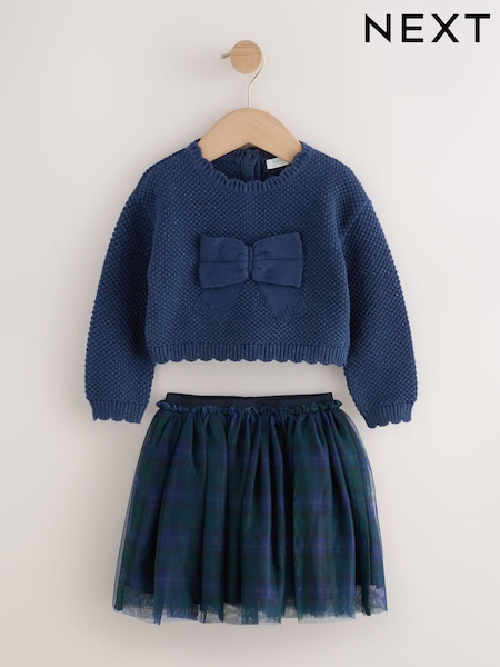 Navy Bow Knitted Jumper and Tartan Skirt Set (3mths-10yrs) (F59990) | AED137 - AED168