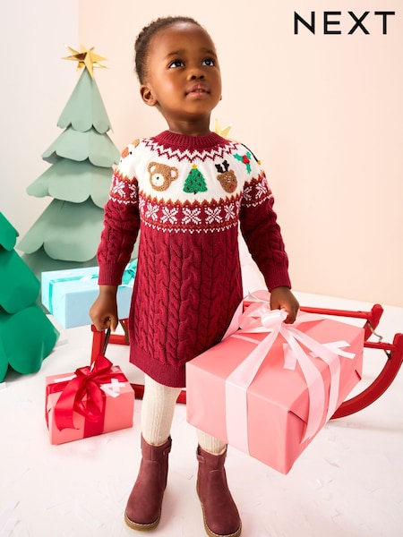 Plum Christmas Fairisle Pattern Character Jumper Dress (3mths-10yrs) (F59992) | €25 - €30