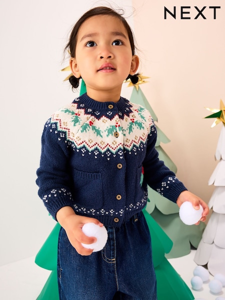 Navy Christmas Holly Cardigan (3mths-7yrs) (F60000) | 99 QAR - 119 QAR