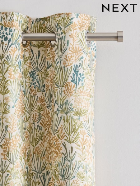 Ochre Yellow/Green Autumn Leaf Print Eyelet Lined Curtains (F60051) | €55 - €138