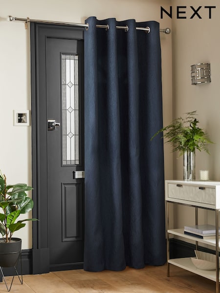 Navy Blue Crinkle Faux Silk Super Thermal Eyelet Door Curtains (F60095) | €66 - €89