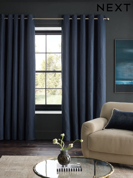 Navy Blue Crinkle Faux Silk Super Thermal Curtains (F60119) | €89 - €210