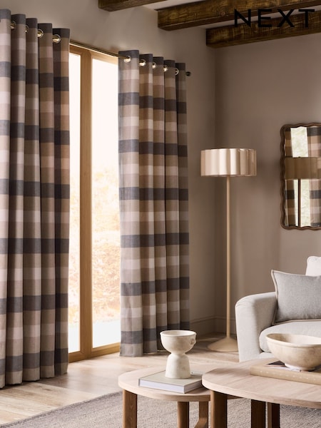 Natural Brushed Check Lined Eyelet Curtains (F60122) | €88 - €183