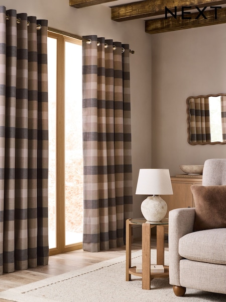 Natural Brushed Check Super Thermal Eyelet Curtains (F60124) | €107 - €227