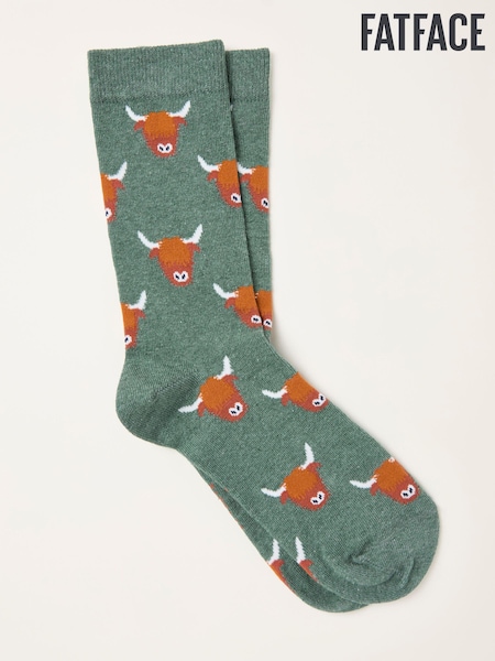 FatFace Green Highland Cow Socks (F60162) | AED44
