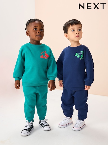 Navy Blue / Green Transport Printed Sweatshirt And Joggers Set 2 Pack (3mths-7yrs) (F60303) | 119 QAR - 158 QAR