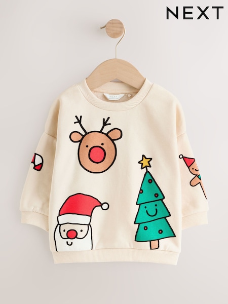 Ecru White Christmas Crew Neck Jersey Sweatshirt (3mths-7yrs) (F60318) | €15 - €18