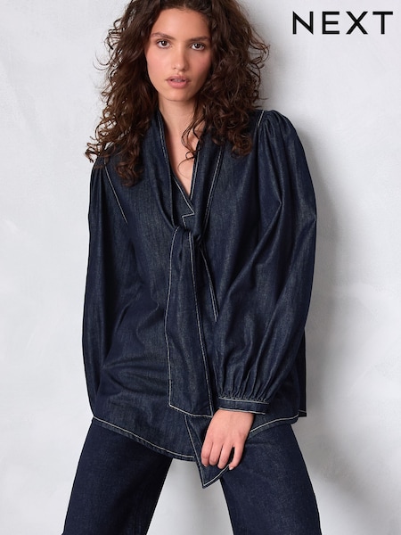 Rinse Blue Tie Neck Volume Sleeve Denim Blouse (F60403) | €48