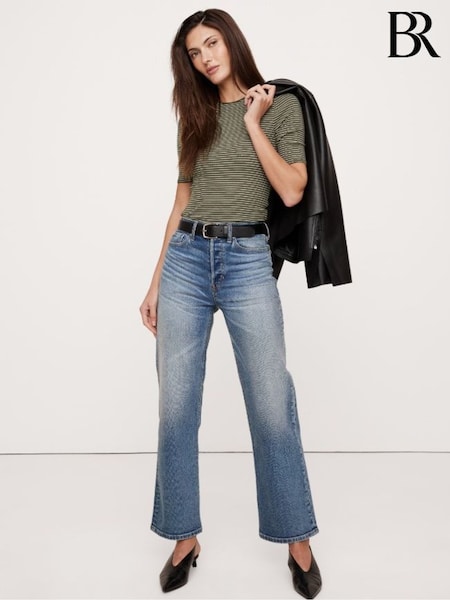 Banana Republic Green Stripe Ribbed Half-Sleeve T-Shirt (F60411) | kr428