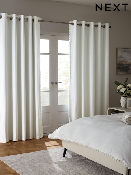 White Matte Velvet Faux Fur Trim Blackout/Thermal Eyelet Curtains (F60566) | €69 - €177