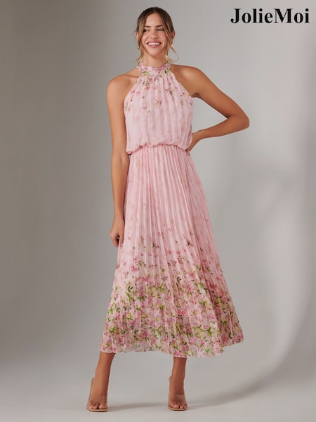 Розовый - Jolie Moi Pleated Halterneck Maxi Dress (F60731) | €103