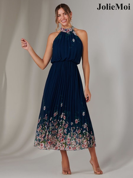 Sininen - Jolie Moi Pleated Halterneck Maxi Dress (F60733) | €123