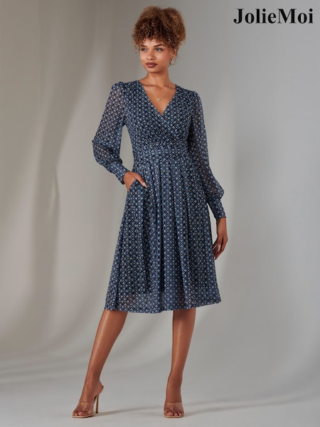 Blau - Jolie Moi Long Sleeve Lace Print Midi Dress (F60740) | 122 €