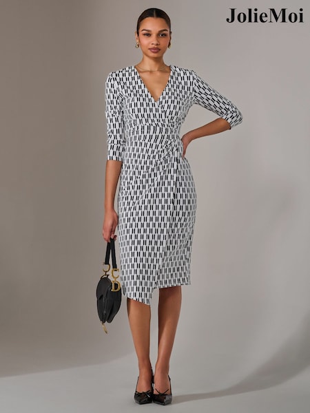 Jolie Moi White 3/4 Sleeve Wrap Shift Dress (F60741) | €96